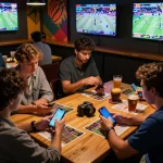 DABET players engaging in dynamic sports betting at a lively venue with multiple screens.