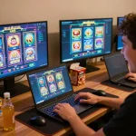 Player enjoying uu88 slots on a laptop with colorful display and cozy atmosphere