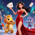 B52club offers engaging slot games featuring a stunning scene with a confident woman and golden dragon.
