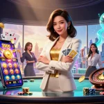 Socolive offers thrilling casino experiences with a glamorous Asian woman showcasing poker skills.