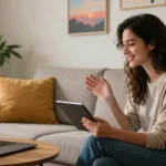 AI girlfriend interaction in a cozy living room, engaging on a tablet.