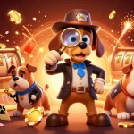 Experience the thrill of vnluckywin with a detective and bulldog uncovering poker treasures amidst vibrant casino elements.
