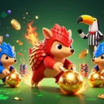Experience the vibrant action of 8XBET with pangolins rolling into golden poker chips amid colorful arcade elements.