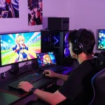 Explore ecchi games online with a gamer immersed in vibrant digital worlds, gaming setup and snacks.