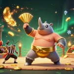 Engage with bl555 through stunning 3D cartoon illustration of a sumo champion beetle in a dynamic casino scene.