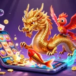 Experience the excitement of Go88 with a dynamic scene featuring a golden dragon, phoenix, and koi, amidst vibrant casino elements.