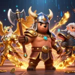 Engage with 99win in an epic recruitment scene of cartoon Vikings and eagles in a vibrant casino.