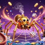 Engage with SKY88's exciting gaming world, featuring a vibrant casino scene with golden spider charm.