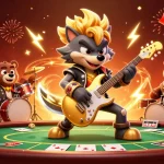 Engage in the thrilling world of 99 win with a rockstar wolf at a vibrant casino scene.
