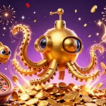 Engage in exhilarating games at Vin777 with a golden kraken submarine amidst vibrant casino elements.