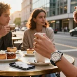 Stylish individual enjoying coffee with a premium replica watch on display in a chic urban café.