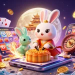 Alo789a showcases a vibrant scene of a moon rabbit and jade companion in a rich casino setting, emphasizing gaming and entertainment.