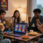 Exploring top credit card casinos with friends in a cozy living room filled with excitement and gaming posters.