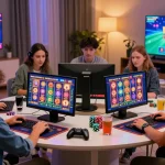 Group enjoying gaming at credit card casinos inspired by mvc.org.uk, showcasing lively atmosphere and modern gaming.