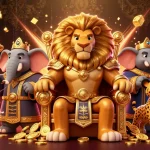 Kèo bóng đá hôm nay showcasing a fierce lion king in royal armor with immersive sports betting elements