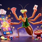 Experience the excitement at qs88 with a giant praying mantis card sharp and vibrant gaming elements in a lively casino scene.