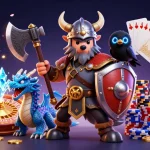N188 captivates players with a Viking warrior and dragon in an epic casino scene filled with gold coins and poker chips.