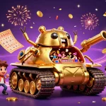 Experience the excitement of O8's miniature casino inside a golden beetle tank, filled with vibrant gambling elements.