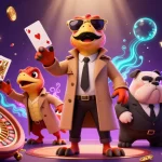 SOCOLIVE showcases a fun scene with raptors in a trench coat entering a casino, surrounded by vibrant gambling elements.