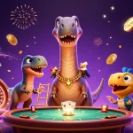 Experience excitement at UU88 as the towering brontosaurus interacts with a clever raptor and vibrant casino elements.