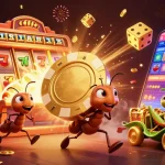 Experience dynamic gaming excitement at 23winou with ants running a heist for a giant poker chip amidst casino chaos.