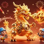 Experience thrilling moments at fly88 as the golden dragon interacts with vibrant game elements in a captivating online casino.