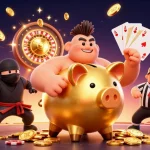 uu88's dynamic casino scene featuring a golden piggy bank wrestler amidst cascading coins, vibrant gameplay action