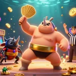 A dynamic scene showcasing a sumo beetle champion amidst aussie online casinos, sending coins flying in a colorful arcade
