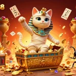 Pandawa88 showcases a vibrant pyramid casino scene with an Egyptian mummy cat surrounded by slot elements and glowing treasures.