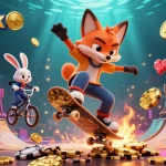 Experience the thrill of nk88ok with a dynamic skateboarding fox and BMX rabbit amidst vibrant casino elements.